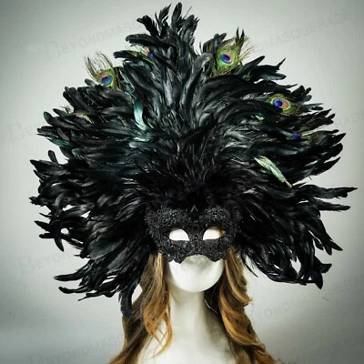  Black Venetian Carnival Large Feather Masquerade Mask Mardi Gras Party M8553BK - Image 1 of 4