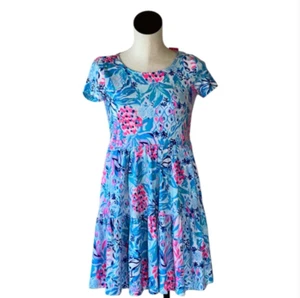 NWT Women $118 LILY PULITZER Geanna Short Sleeve Swing Dress Cotton XS Blue Pink - Picture 1 of 6