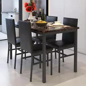 5PCS Dining Table Set Modern Faux Marble Tabletop 4 PU Leather Upholstered Chair - Picture 1 of 24