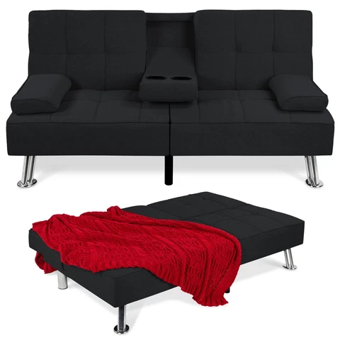Modern Linen Convertible Futon Sofa Bed w/ Removable Armrests Cover