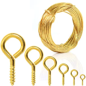 BRASS 100x SCREW EYE HOOK / 6M LONG PICTURE HANGING WIRE Photo Frame Small Mini - Picture 1 of 8