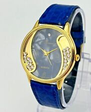 Vintage 1980s Ladies RONICA Blue/Gold Tone Crystal Accent Watch, Leather, Runs