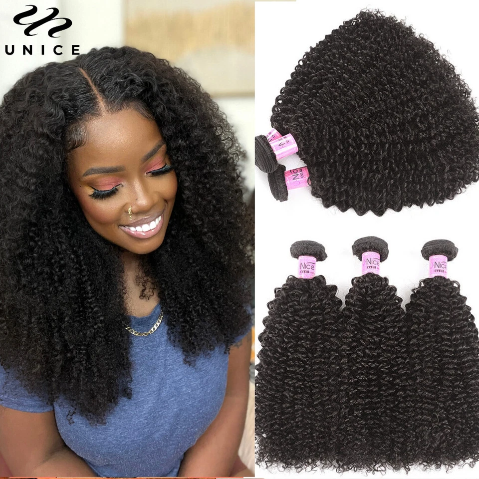 UNice Kinky Curly 1/3 Bundles Human Hair Weaves Peruvian Virgin Hair Extensions - Image 1 of 4