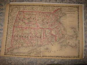 HUGE ANTIQUE 1862 MASSACHUSETTS CONNECTICUT RHODE ISLAND JOHNSON MAP BOSTON RARE - Picture 1 of 1