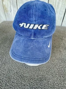 Vintage Nike Mütze Kappe schräg Nike vorne Cord Druckknopflasche hinten blau Swoosh auf Rechnung - Bild 1 von 10