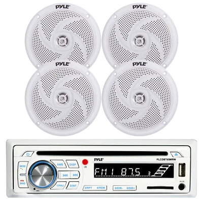 Pyle Single DIN Marine USB Bluetooth Stereo Receiver with Pyle 4" White Speakers - Image 1 of 3