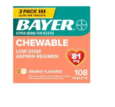 Comprimidos analgésicos Bayer régimen de aspirina masticable dosis baja 81 mg naranja 108 quilates Foto 1 de 4