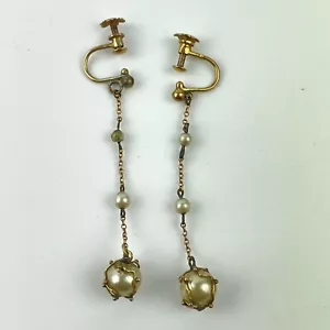 Ausgefallene Vintage 9 kt Gelbgold Kette & Perlen Ohrhänger Schraubverschluss 5 cm - Bild 1 von 10