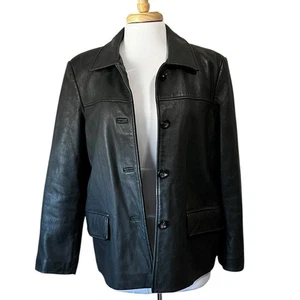 WINLIT Women's Large Classic Black Leather Button Down Coat Jacket Quilted - Picture 1 of 8