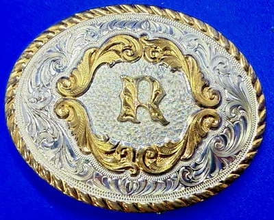 Hebilla de cinturón ovalada enchapada en plata Montana Silversmiths letra inicial R de colección Foto 1 de 4