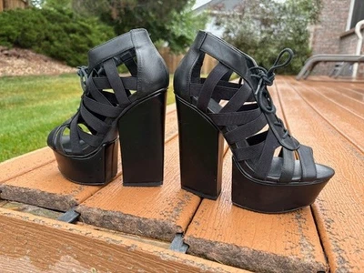 Высокие каблуки с ремешками на шнуровке туфли клубы косплей размер 7 черный никогда не носили - Изображение 1 из 4