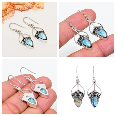 Pendientes de labradorita llama azul natural de Madagascar joyería de plata de ley 925 AA Foto 1 de 4