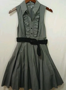 Bailey Blue Women’s Gray Sleeveless Fit & Flare Dress Sz L Collared W/ Black Bel - Picture 1 of 13