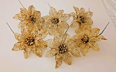 批量 6 件 复古 双金 塑料 花 开放式设计 5 英寸茎 圣诞工艺品 — 第 1/4 张图片