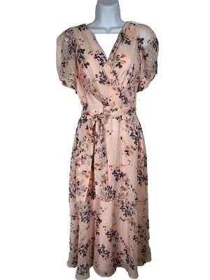 DKNY Floral Wrap Midi Dress Womens Sz 4 Blush Pink Fairycore Feminine Dainty - Image 1 of 4