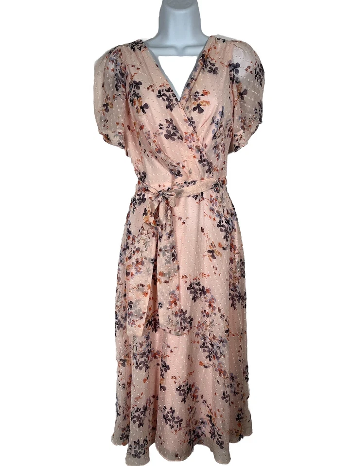 DKNY Floral Wrap Midi Dress Womens Sz 4 Blush Pink Fairycore Feminine Dainty - Image 1 of 4