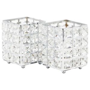 2 Crystal Makeup Brush Holders, Clear Silver Glass Organizers for Vanity
