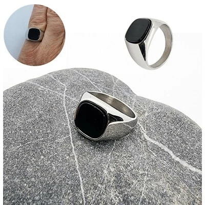 Anello uomo in acciaio pietra quadrata chevalier nero argento donna per mignolo - Immagine 1 di 4