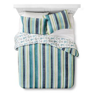 Homthreads Dana Point Quilt and Pillow Sham Set Blue King Bedding Stripe Fish