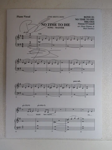 SIGNED BILLIE EILISH & FINNEAS O'CONNELL "No Time to Die" Sheet Music James Bond Cover