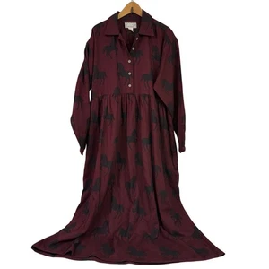 Flyshacker Vintage Midi Dress Red Black Horses Large Flannel Modest Long Sleeve  - Picture 1 of 9