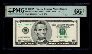 Qualität & Prägung 2003-A 5 $ Federal Reserve Schein Chicago PMG GEM UNC 66 EPQ - Bild 1 von 2