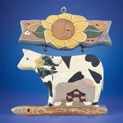 ПОДСОЛНУХ Корова Фермерский Дом Картина Дерево Настенный Декор Дверь Висячая Ручная Роспись Знак - Изображение 1 из 4