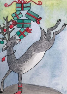 ACEO Original Pintura Acuarela Navidad Invierno Nieve Animal Ciervo Reno Arte Foto 1 de 2