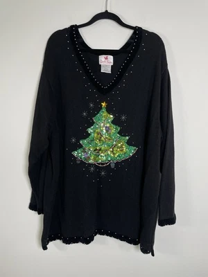 QUACKER FACTORY Beaded Sequin Christmas Tree Sweater Size 3X Vneck Holiday - Image 1 of 4