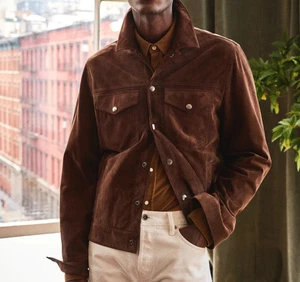 Chaqueta de camionero de cuero marrón para hombre gamuza pura hecha a medida talla S M L XL 2XL 3XL - Imagen 1 de 9