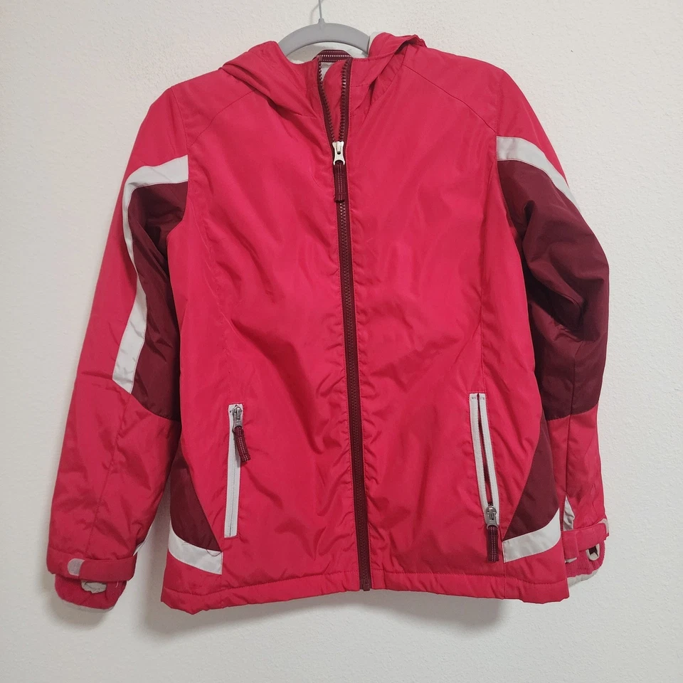 Lands' End Girls' Red pink Hooded Winter Jacket Size M (10-12) Colorful Pockets - Image 1 of 4
