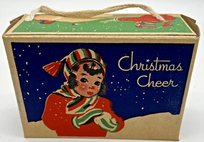 5 ANTIQUE 1920's NEW OLD STOCK CHRISTMAS CANDY BOX W/ GIRL THROWING SNOWBALLS - Image 1 of 4