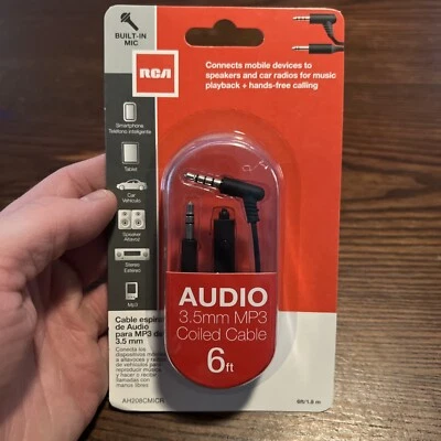 Cable en espiral RCA Audio 3,5 mm MP3 MP4 6 pies/1,8 m con micrófono incorporado - NUEVO Foto 1 de 2