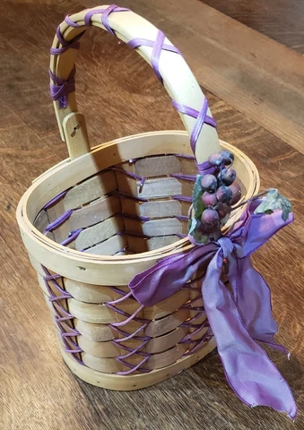 Basket Wood Slats w/ Wooden Movable Handle Decorated w/ Ribbon Cover