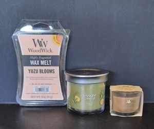 YANKEE CANDLE 3 PIECE SET WOODWICK WAX MELTS, MINI 3 OZ CANDLE , 4.3 OZ CANDLE - Picture 1 of 9