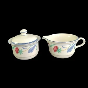 Lenox Poppies on Blue Sugar Bowl With Lid And Creamer Set White With Floral Vtg - Picture 1 of 9