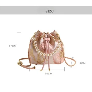 Ladies Faux Pearl Bucket Bag Chinese Handbag Shiny Embroidery Crossbody Shoulder - Picture 1 of 22