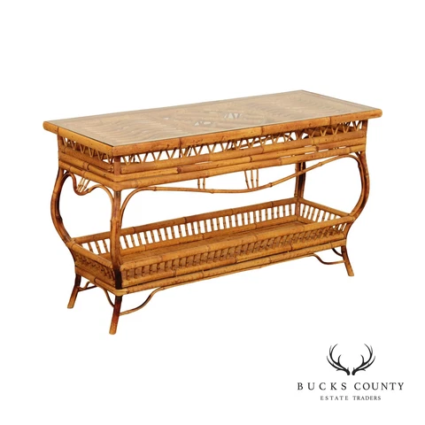 Mid Century Rattan and Curved Bamboo Glass Top Console Table Cover