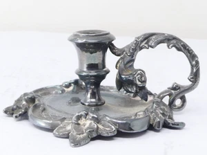 Portacandele in miniatura stile rococò manico floreale placcato argento - Foto 1 di 5