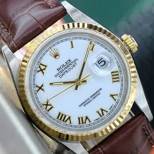 ROLEX HERREN DATEJUST 16233 GOLD STAHL WEISS RÖMISCHES ZIFFERBLATT LEDER BAND UHR KEIN LOCH - Bild 1 von 17