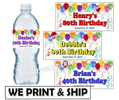 40th 50th 60th 70th 80th 90th 100th BIRTHDAY PARTY FAVORS WATER BOTTLE LABELS - Image 1 of 2