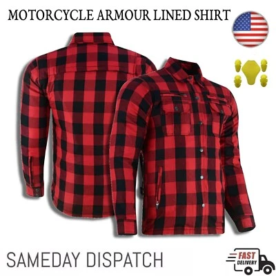 Men Plaid Motorbike Flannel Lumberjack Button Down Shirt with CE Armor Pads Red - Image 1 of 4
