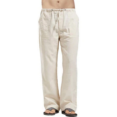 Men Linen blend Casual Pants Trousers Long Loose Summer Elastic Waist S-5XL Soft - Image 1 of 4