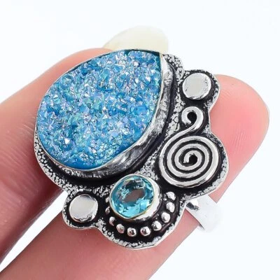 Titan Druzy Quarz, Blau Topas Edelstein Handgemacht Silber Schmuck Ringgröße 7 - Bild 1 von 4