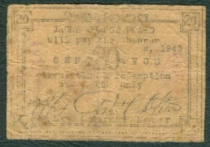 Philippine 20 Centavos BOHOL JAGNA Change Board WW2 Guerrilla / Emergency Note B - Picture 1 of 2