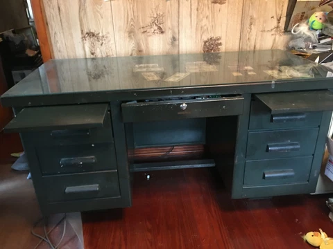 Vintage HOBART METAL INDUSTRIAL DESK & ROLLER CHAIR &  FILING CABINET Cover