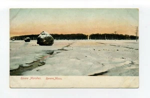 Postal antigua Revere MA Mass, Hay Staddle, Salt Marsh en invierno, nieve - Imagen 1 de 2