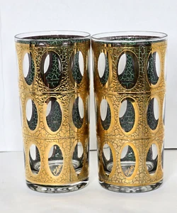2 Vtg MCM Culver "Pisa" Crackled 22k Gold Highball Tumbler Glasses Barware 1950s - Bild 1 von 8
