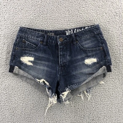 Volcom Jean Shorts Juniors Size 3 Cuffed Blue Distressed Denim Button Fly Dark - Image 1 of 4
