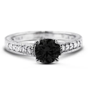 Anillo de compromiso estilo vintage de diamantes naturales redondos negros de 3,37 quilates de 14 k - Imagen 1 de 9